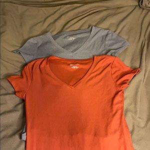 A burnt orange and a grey v-neck short sleeves